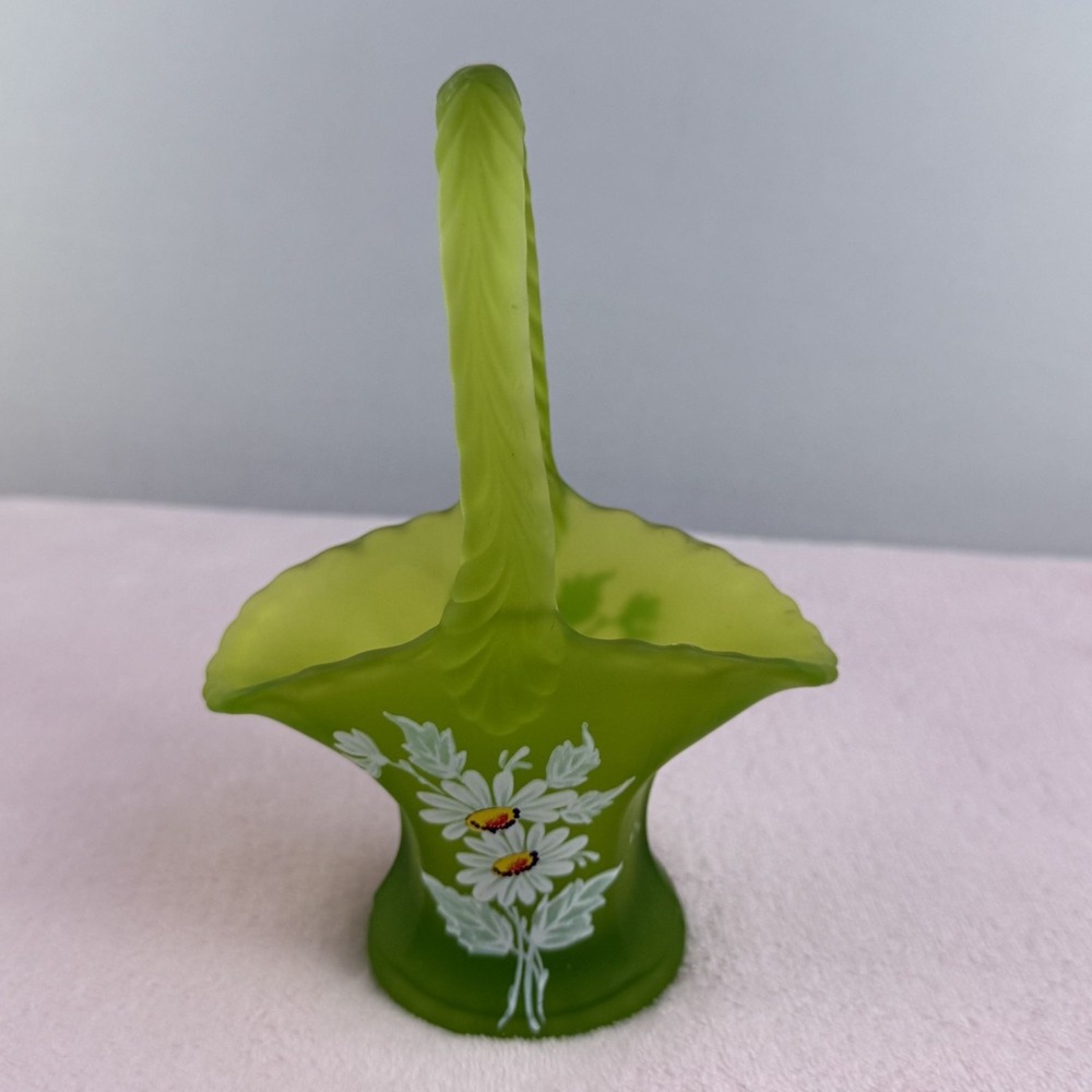 Westmoreland Basket Glass Green Hand Painted Floral Satin Finish Daisy Decor